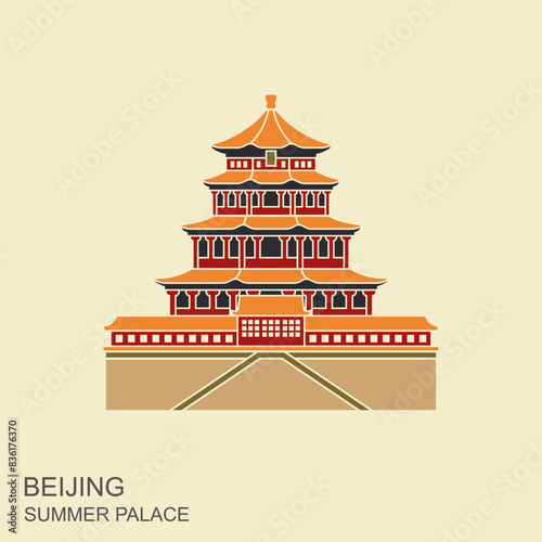 Summer Palace in Beijing China. Flat cartoon style historic sight showplace attraction web site vector illustration