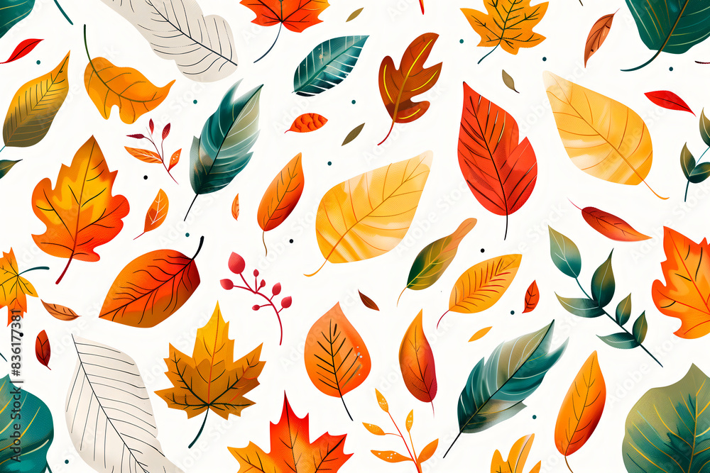 Fototapeta premium Leaves colored in autumn colors on tree branches creative colorful illustration design on white background, September fall background.