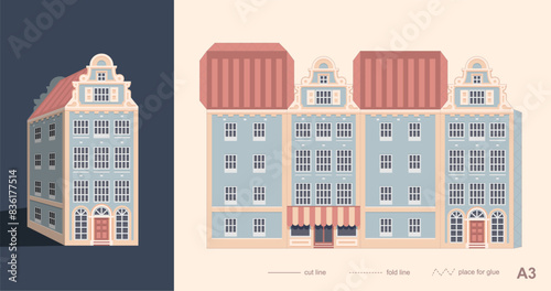 Laser cutting Amsterdam style house. Stylized facades of old building. Paper carving vector template