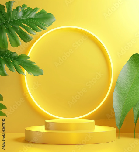 3D rendering of a yellow background with a podium scene for product display presentation	
