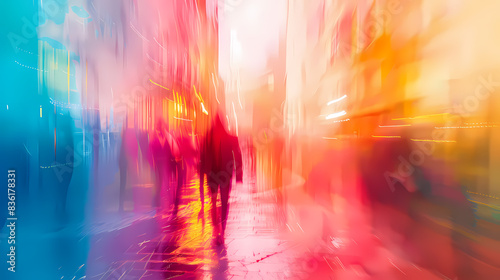 Abstract blur of people walking through a vibrant city street  with bright colors creating a dreamlike  energetic atmosphere.