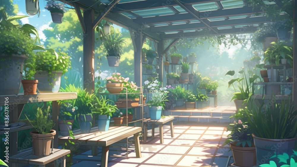 たくさんの植物のあるガレージ