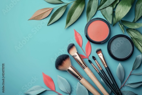 Various makeup cosmetics and makeup accessories on a blue background. professional makeup tools. top view photo