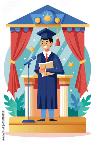 Vector illustration of a graduation ceremony with a male graduate at the podium against a festive backdrop on a white background.