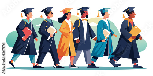  group of graduates walking together in caps and gowns, holding their diplomas. The image captures the unity and celebration of their achievement.