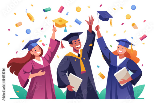  three graduates in caps and gowns celebrating with confetti and throwing their caps in the air. The scene captures their happiness and achievement.