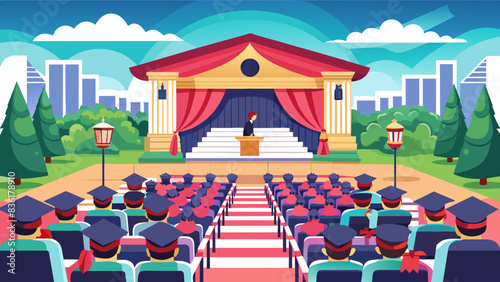 An illustration of a graduation ceremony with a speaker on stage and graduates seated. The setting reflects the formal and celebratory nature of the event.