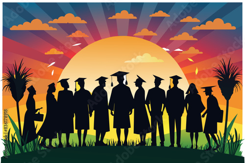 A silhouette of graduates in caps and gowns standing together at sunset. The colorful sky highlights the unity and celebration of their achievement.