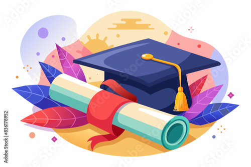 A vector illustration of a graduation cap and a rolled-up diploma with colorful leaves in the background, symbolizing academic achievement.