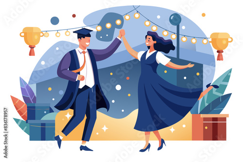 An illustration of two graduates dancing joyfully under festive lights with confetti. The image captures the excitement and celebration of graduation day.