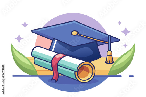 A vector illustration of a graduation cap and a rolled-up diploma with colorful leaves in the background, symbolizing academic achievement.