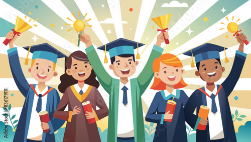 graduates raising their diplomas in triumph. The background with light rays and confetti highlights their happiness and success.