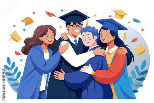 graduates in caps and gowns hugging each other with joy. Confetti and leaves in the background add to the festive feel of graduation day.