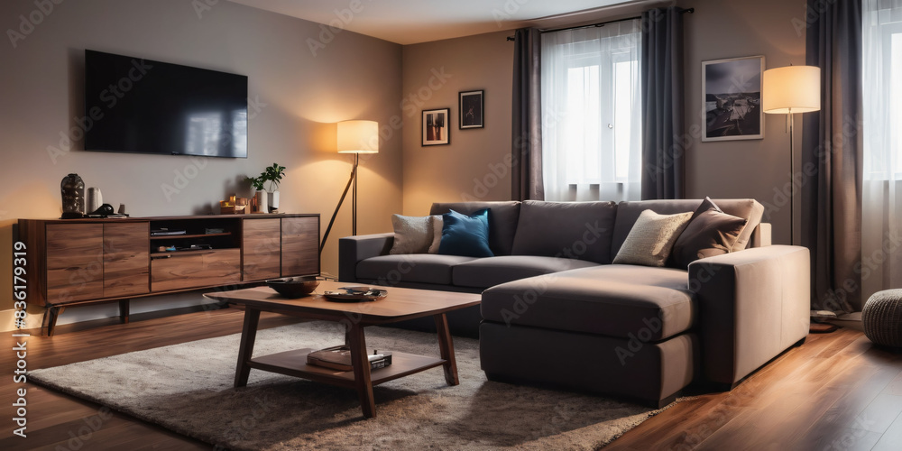 A cozy minimalist living room with a plush area rug, a low-profile sectional sofa, and a floor lamp with a minimalist shade A cozy minimalist living room with a plush area rug, a low-profile sectional sofa, and a floor lamp with a minimalist shade