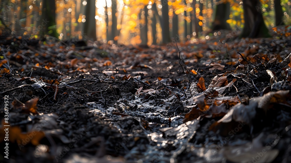 Close-up of forest floor with fallen leaves and sunlight through trees. Close-up of forest floor with fallen leaves and sunlight through trees.