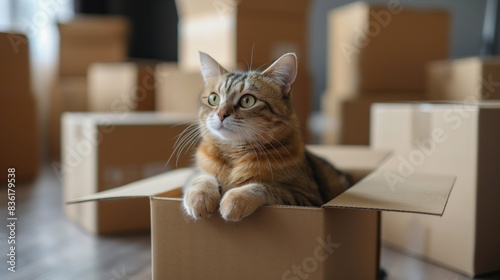 Tabby cat sitting in cardboard box during move