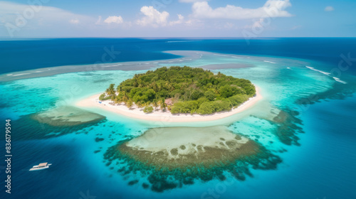 Tropical island surrounded by turquoise waters, aerial view 