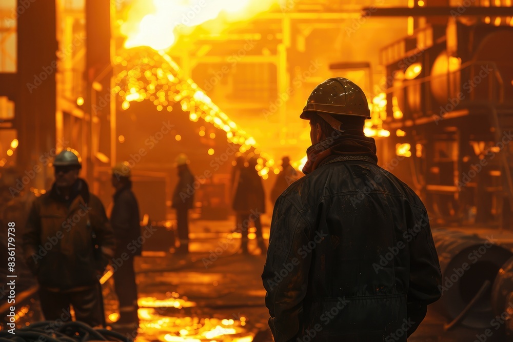 a worker giving a briefing at a steel factory, with some workers wearing hard hats and working standing behind him at a steel factory, warm color a worker giving a briefing at a steel factory, with some workers wearing hard hats and working standing behind him at a steel factory, warm color