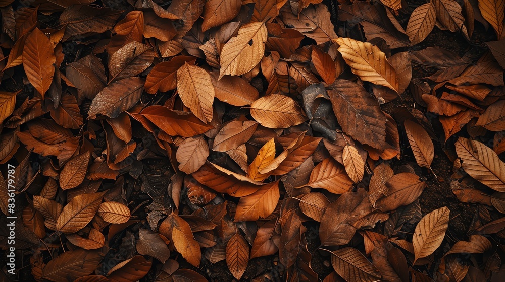 A close-up of a layer of fallen brown leaves on the forest floor. A close-up of a layer of fallen brown leaves on the forest floor.