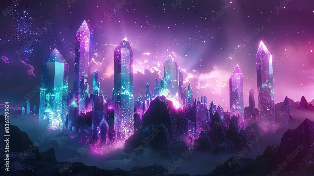 Fantasy city glowing at night, crystals and magical light trails, purple and teal selective focus, otherworldly charm, ethereal, silhouette, mystical mountain Fantasy city glowing at night, crystals and magical light trails, purple and teal selective focus, otherworldly charm, ethereal, silhouette, mystical mountain