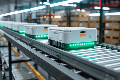 Robotic devices on a conveyor line in a modern warehouse. Concept: Production automation, logistics, modern technologies, robotics, warehouse automation, innovation in industry, effective management