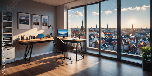    A calming Scandinavian home office with a minimalist desk, a single chair, and a floor-to-ceiling bookshelf with a few select books   