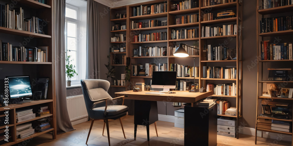 A cozy Scandinavian home office with a plush area rug, a low-profile desk, and a floor lamp with a minimalist shade A cozy Scandinavian home office with a plush area rug, a low-profile desk, and a floor lamp with a minimalist shade