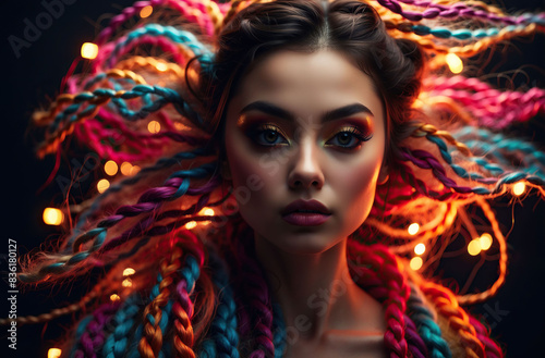 Colorful Glamour Woman with Woolen Threads and Stunning Lighting, generative AI