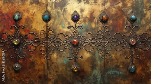 A close-up shot of intricate metalwork with colorful gemstones set against a rustic background
