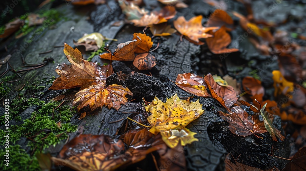 Close-up of fallen autumn leaves on a mossy log. Close-up of fallen autumn leaves on a mossy log.