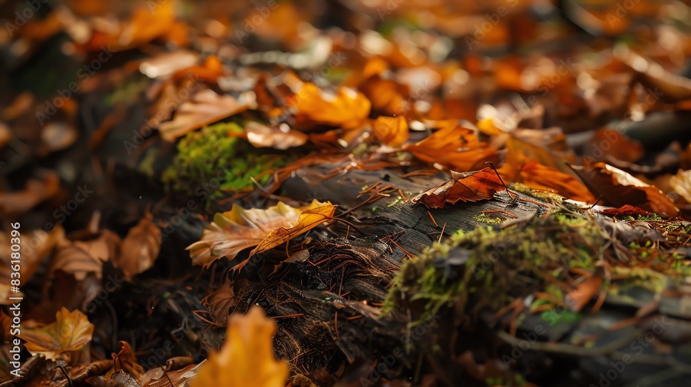 Close-up of fallen autumn leaves on mossy ground in forest. Close-up of fallen autumn leaves on mossy ground in forest.