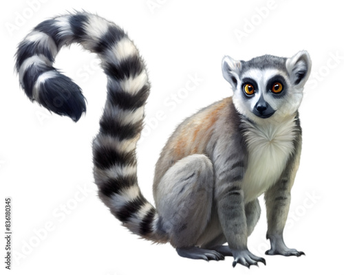 Ring-Tailed Lemur Side View Illustration, Isolated on White Background, Ideal for Wildlife and Conservation Design Projects	