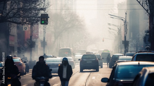 Asphalt stages, where wheels spin and lights guide, shrouded in a veil of smog symbolizing environmental woes. photo