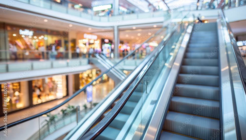 a detailed image of a shopping mall's escalator with sleek glass railings, while the blurred background includes multiple levels of stores and shoppers, Interior, Shopping Mall, In a detailed image of a shopping mall's escalator with sleek glass railings, while the blurred background includes multiple levels of stores and shoppers, Interior, Shopping Mall, In