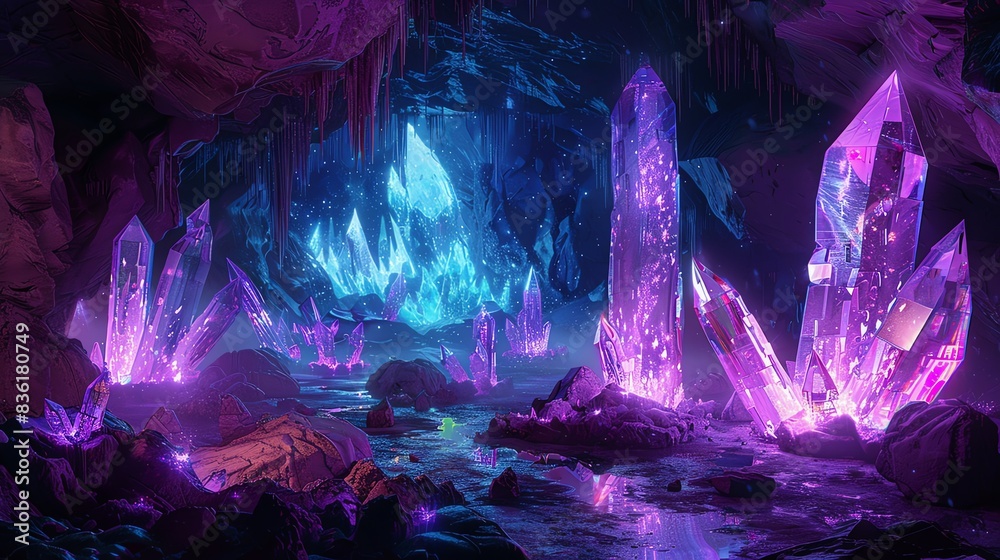 Mystical cave with glowing purple and blue crystals. Mystical cave with glowing purple and blue crystals.