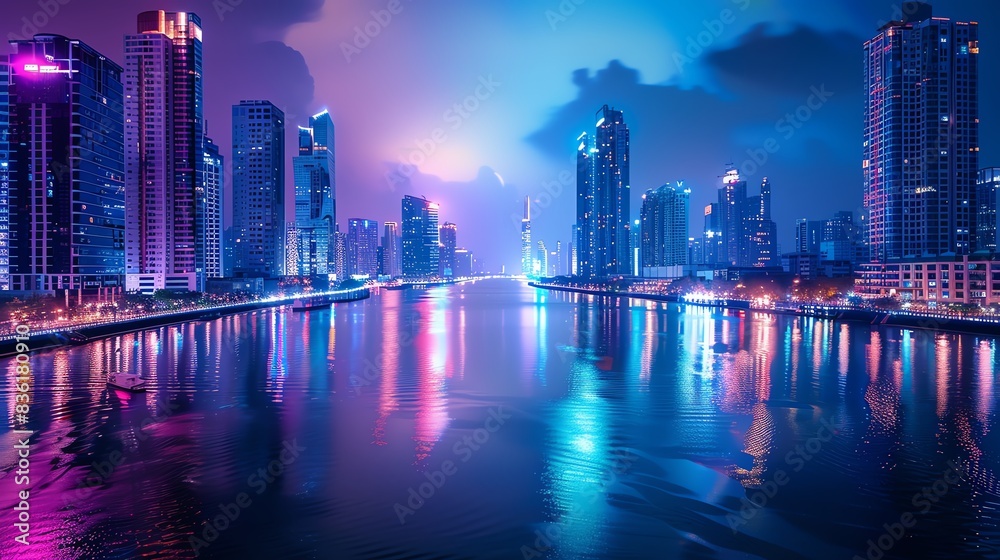 Modern cityscape skyline at night with vibrant lights reflecting on the water. Modern cityscape skyline at night with vibrant lights reflecting on the water.