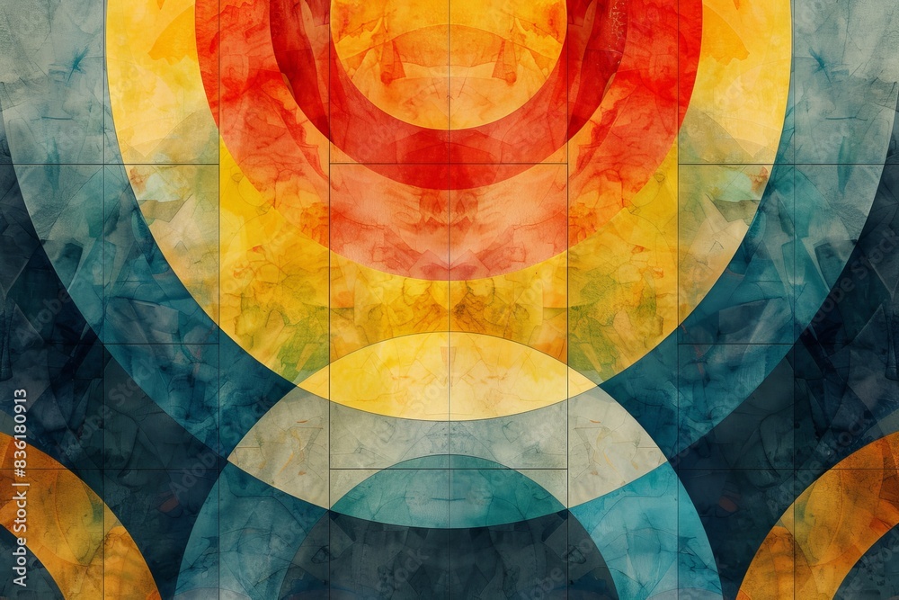 Fototapeta premium Colorful geometric abstract art with overlapping circles in shades of red, yellow, blue, and green, creating a modern design.