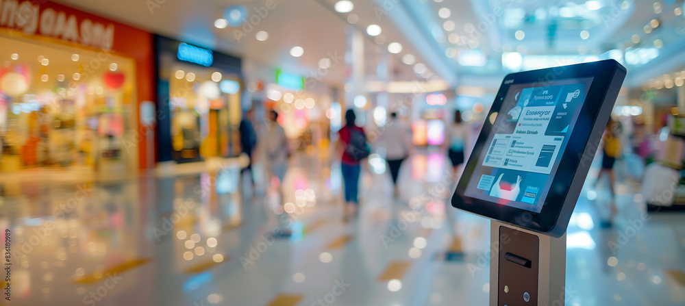 a detailed image of a mall directory and information kiosk with touchscreen displays, while the blurred background includes shoppers walking by and browsing stores, Interior, Shopp a detailed image of a mall directory and information kiosk with touchscreen displays, while the blurred background includes shoppers walking by and browsing stores, Interior, Shopp