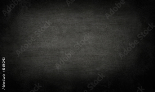 Chalkboard or black board texture abstract background with grunge dirt white chalk rubbed out on blank black billboard wall