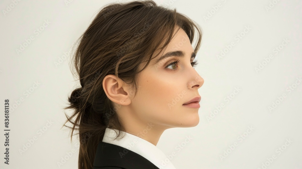 woman with a sleek ponytail exudes confidence in a sharp business suit, embodying elegance and power. woman with a sleek ponytail exudes confidence in a sharp business suit, embodying elegance and power.