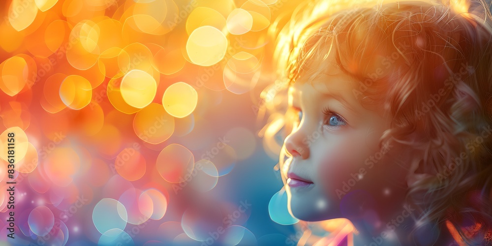 little girl with blue eyes looking up at something in the sky with a blurry background of circles little girl with blue eyes looking up at something in the sky with a blurry background of circles