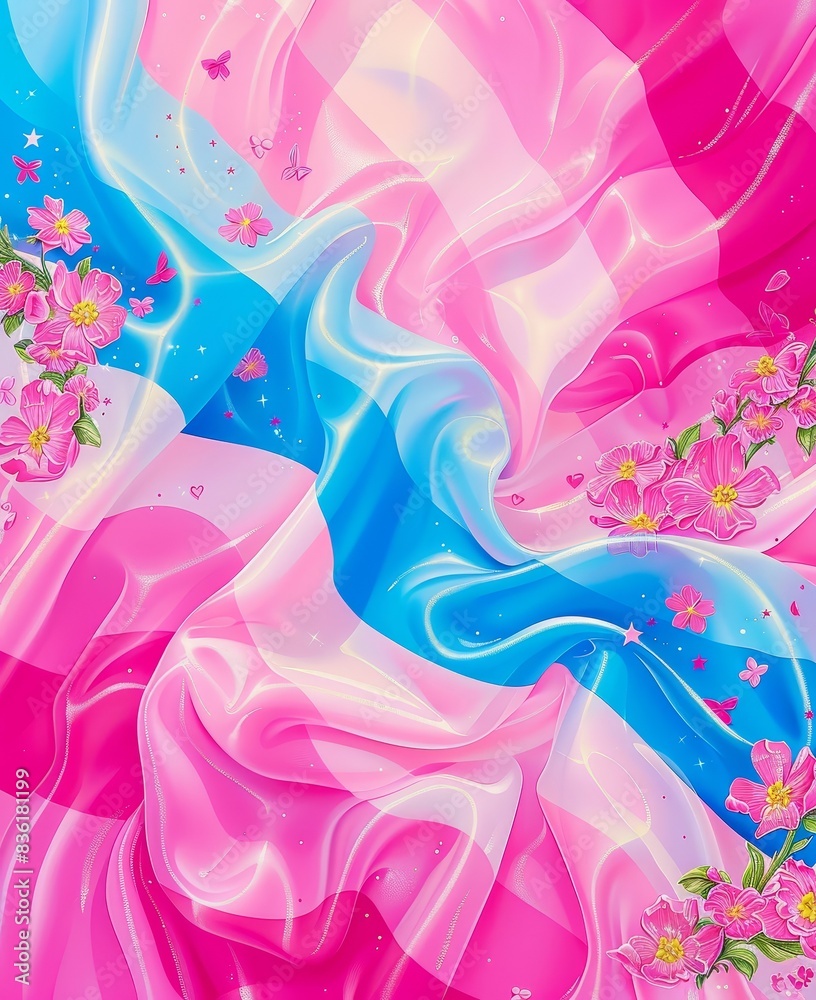 Abstract vibrant pink and blue wavy pattern with delicate floral accents providing a whimsical and dynamic visual effect. Abstract vibrant pink and blue wavy pattern with delicate floral accents providing a whimsical and dynamic visual effect.