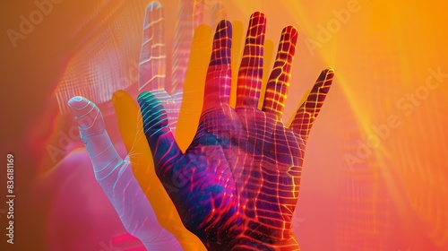 Palmistry hand, ancient lines, close up, vibrant colors, double exposure silhouette with mystical palm
