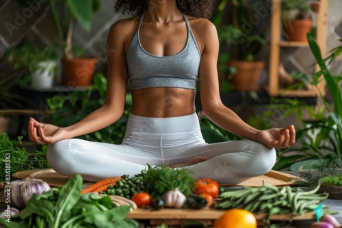 woman meditating in yoga pose around the vegetables background 