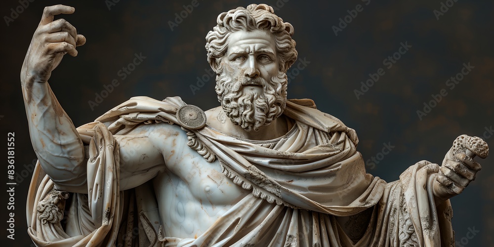 a statue of a man with a beard holding a fist up in front of a dark background .