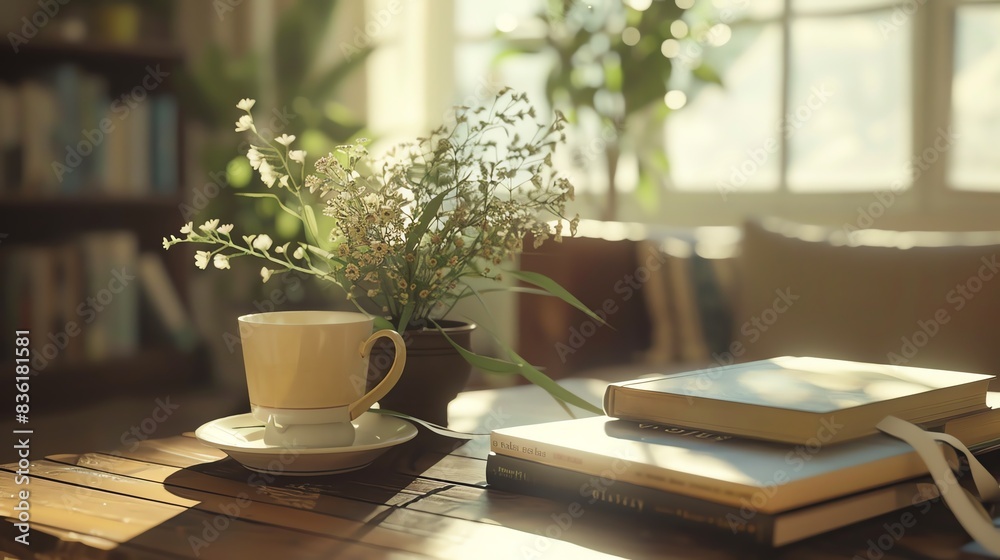Cozy morning coffee with books and flowers by the window Cozy morning coffee with books and flowers by the window