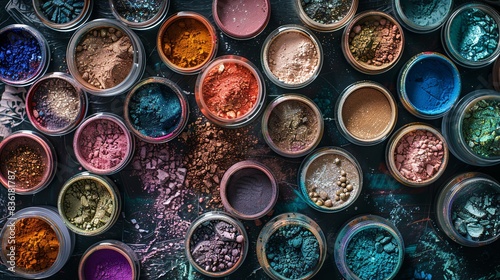 Close-up of colorful makeup pigments and powders in small jars arranged on a dark surface. Generative AI © Анатолий Савицкий