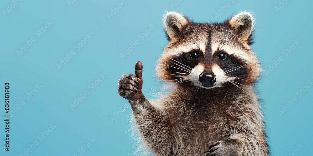 a raccoon is standing and making thumb up sign with its hand on blue background a raccoon is standing and making thumb up sign with its hand on blue background