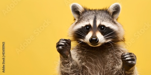 a raccoon standing on yellow background
