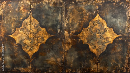 Close-up of two golden intricate designs on a dark metal surface with aged texture